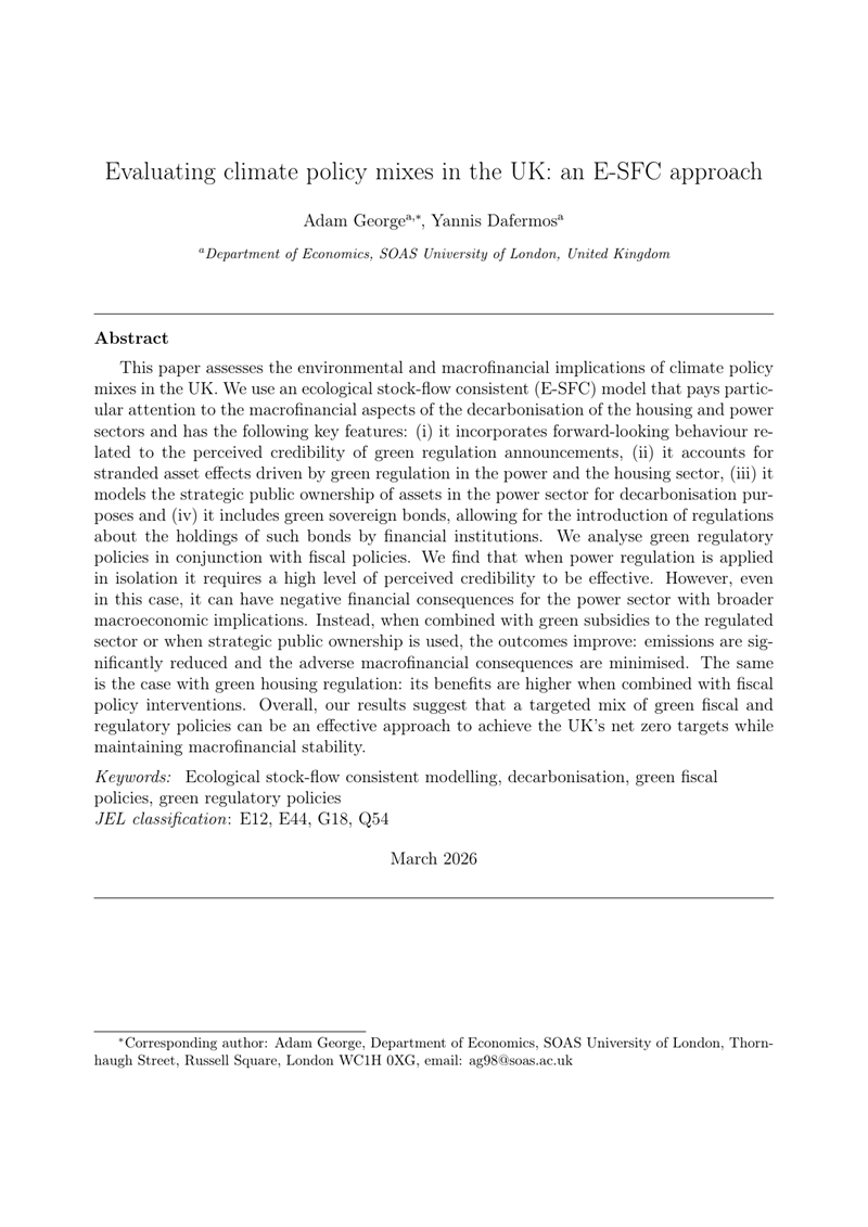 First page of 'Evaluating climate policy mixes in the UK: an E-SFC approach'